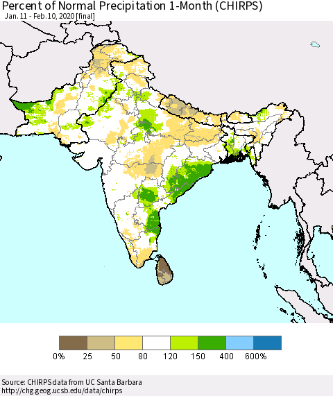 Southern Asia Percent of Normal Precipitation 1-Month (CHIRPS) Thematic Map For 1/11/2020 - 2/10/2020