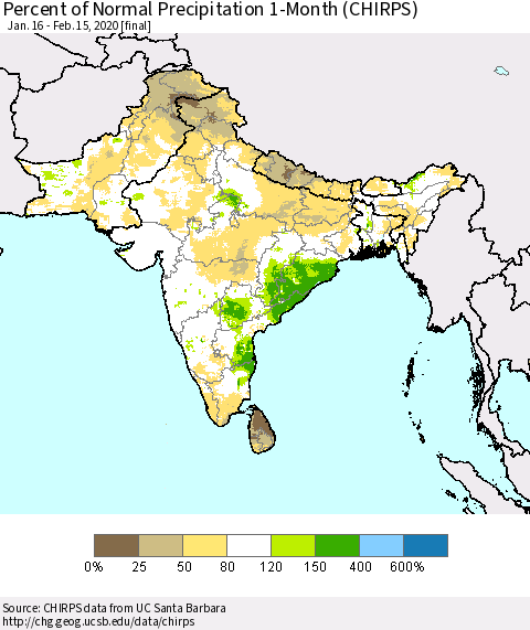 Southern Asia Percent of Normal Precipitation 1-Month (CHIRPS) Thematic Map For 1/16/2020 - 2/15/2020