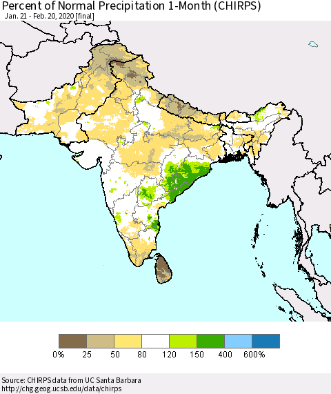 Southern Asia Percent of Normal Precipitation 1-Month (CHIRPS) Thematic Map For 1/21/2020 - 2/20/2020