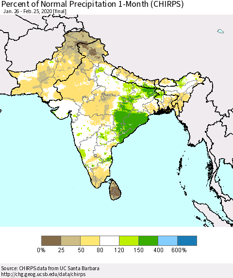 Southern Asia Percent of Normal Precipitation 1-Month (CHIRPS) Thematic Map For 1/26/2020 - 2/25/2020
