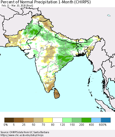Southern Asia Percent of Normal Precipitation 1-Month (CHIRPS) Thematic Map For 2/11/2020 - 3/10/2020