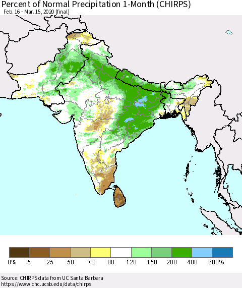 Southern Asia Percent of Normal Precipitation 1-Month (CHIRPS) Thematic Map For 2/16/2020 - 3/15/2020
