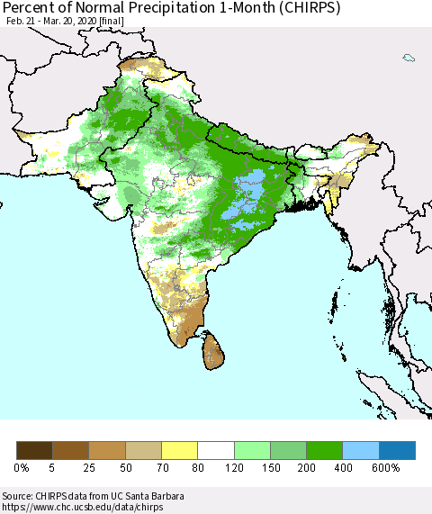 Southern Asia Percent of Normal Precipitation 1-Month (CHIRPS) Thematic Map For 2/21/2020 - 3/20/2020