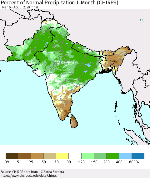 Southern Asia Percent of Normal Precipitation 1-Month (CHIRPS) Thematic Map For 3/6/2020 - 4/5/2020
