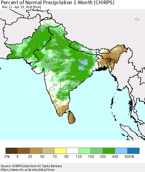 Southern Asia Percent of Normal Precipitation 1-Month (CHIRPS) Thematic Map For 3/11/2020 - 4/10/2020