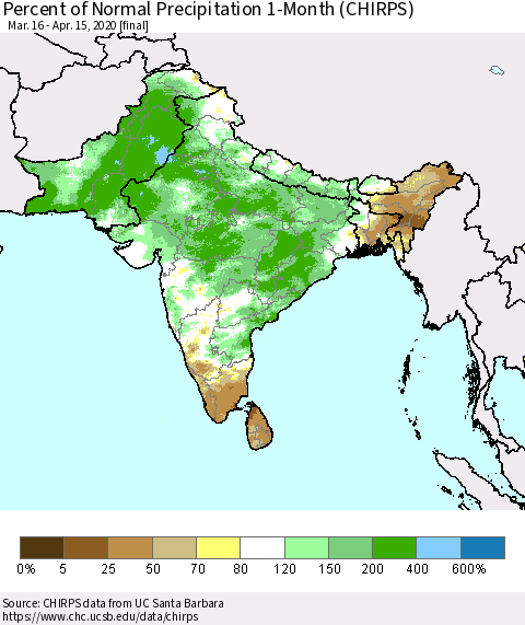 Southern Asia Percent of Normal Precipitation 1-Month (CHIRPS) Thematic Map For 3/16/2020 - 4/15/2020