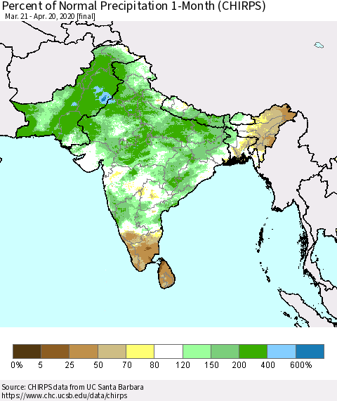 Southern Asia Percent of Normal Precipitation 1-Month (CHIRPS) Thematic Map For 3/21/2020 - 4/20/2020