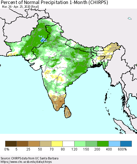 Southern Asia Percent of Normal Precipitation 1-Month (CHIRPS) Thematic Map For 3/26/2020 - 4/25/2020