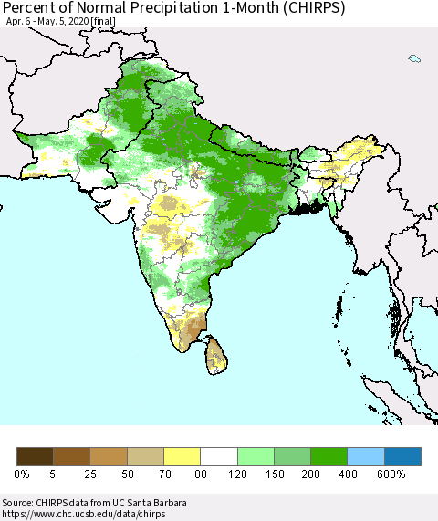Southern Asia Percent of Normal Precipitation 1-Month (CHIRPS) Thematic Map For 4/6/2020 - 5/5/2020