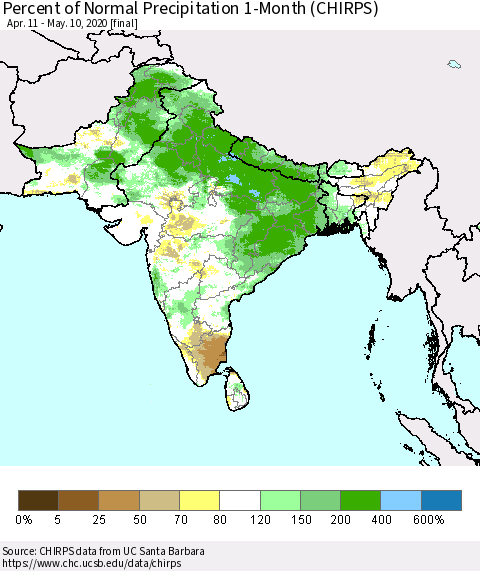 Southern Asia Percent of Normal Precipitation 1-Month (CHIRPS) Thematic Map For 4/11/2020 - 5/10/2020