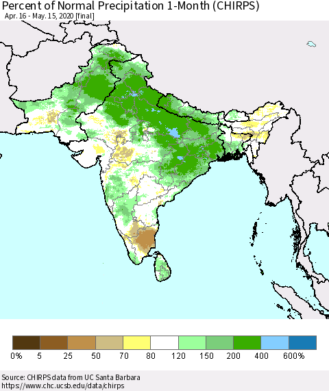 Southern Asia Percent of Normal Precipitation 1-Month (CHIRPS) Thematic Map For 4/16/2020 - 5/15/2020
