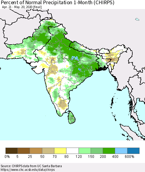 Southern Asia Percent of Normal Precipitation 1-Month (CHIRPS) Thematic Map For 4/21/2020 - 5/20/2020