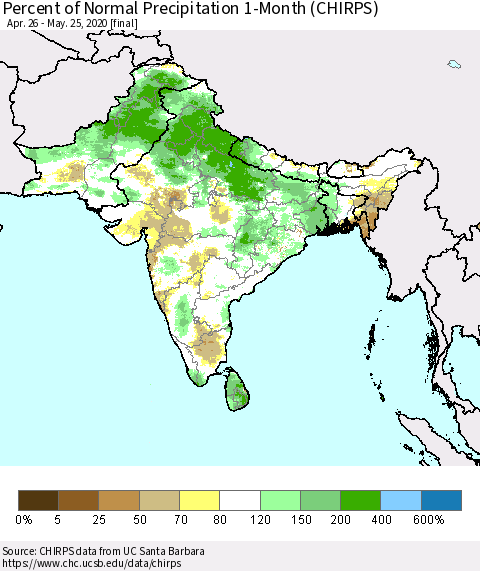 Southern Asia Percent of Normal Precipitation 1-Month (CHIRPS) Thematic Map For 4/26/2020 - 5/25/2020