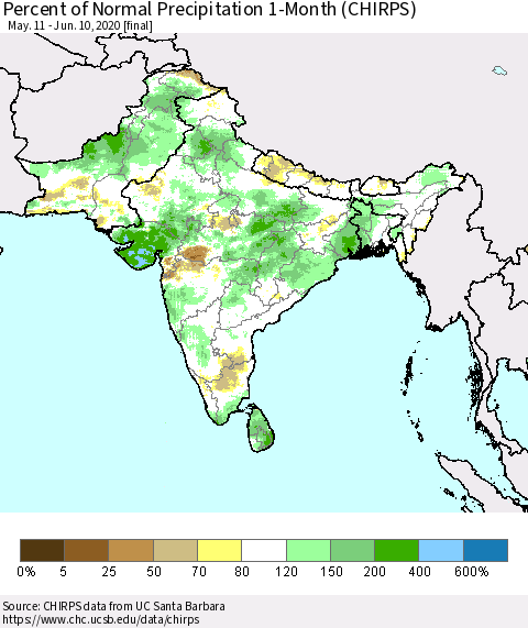 Southern Asia Percent of Normal Precipitation 1-Month (CHIRPS) Thematic Map For 5/11/2020 - 6/10/2020