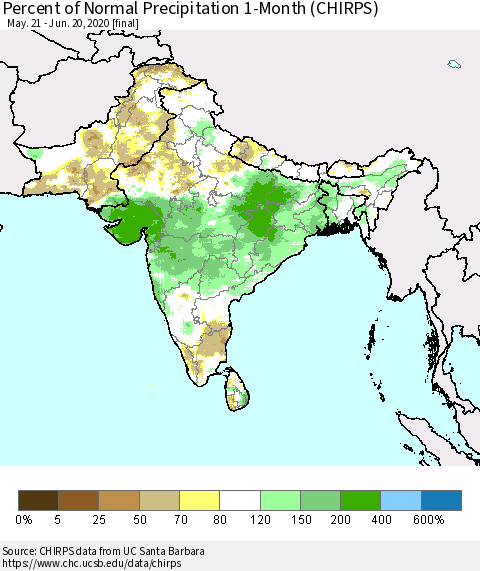 Southern Asia Percent of Normal Precipitation 1-Month (CHIRPS) Thematic Map For 5/21/2020 - 6/20/2020