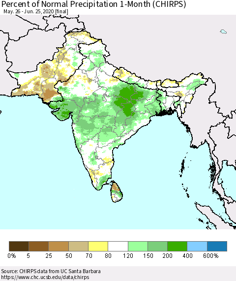 Southern Asia Percent of Normal Precipitation 1-Month (CHIRPS) Thematic Map For 5/26/2020 - 6/25/2020