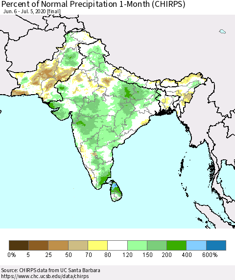 Southern Asia Percent of Normal Precipitation 1-Month (CHIRPS) Thematic Map For 6/6/2020 - 7/5/2020
