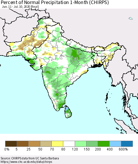 Southern Asia Percent of Normal Precipitation 1-Month (CHIRPS) Thematic Map For 6/11/2020 - 7/10/2020