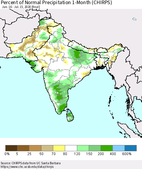 Southern Asia Percent of Normal Precipitation 1-Month (CHIRPS) Thematic Map For 6/16/2020 - 7/15/2020