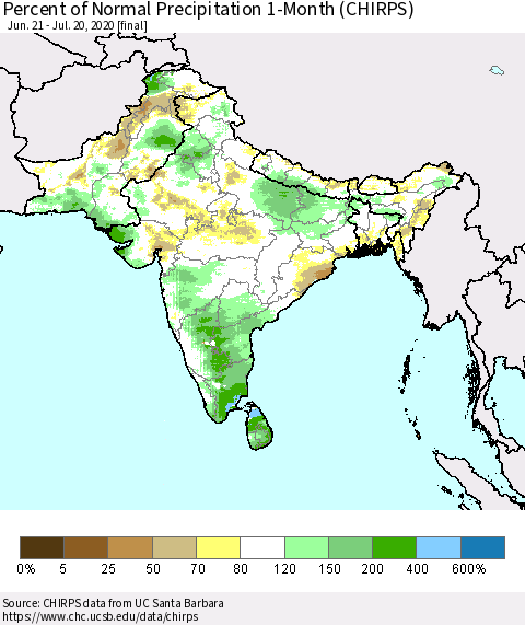 Southern Asia Percent of Normal Precipitation 1-Month (CHIRPS) Thematic Map For 6/21/2020 - 7/20/2020
