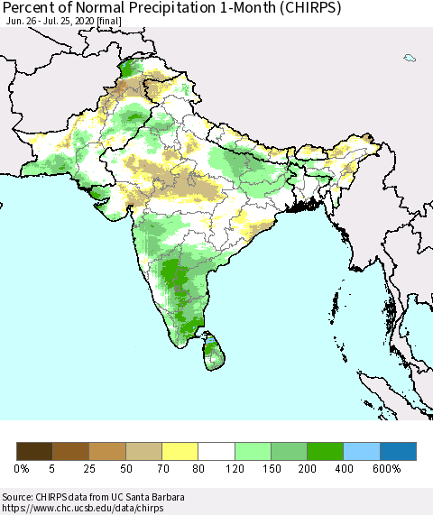Southern Asia Percent of Normal Precipitation 1-Month (CHIRPS) Thematic Map For 6/26/2020 - 7/25/2020
