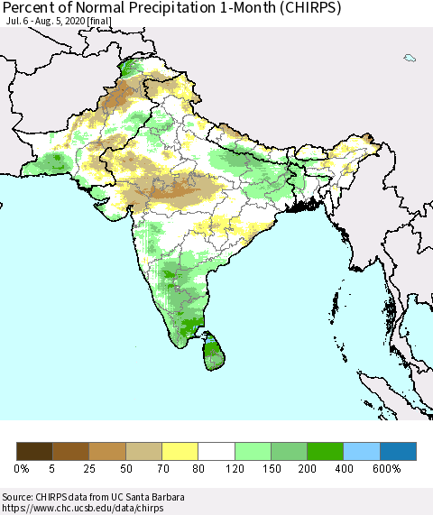 Southern Asia Percent of Normal Precipitation 1-Month (CHIRPS) Thematic Map For 7/6/2020 - 8/5/2020