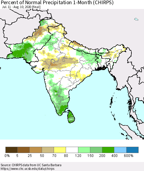 Southern Asia Percent of Normal Precipitation 1-Month (CHIRPS) Thematic Map For 7/11/2020 - 8/10/2020