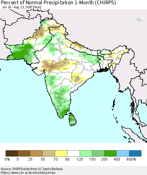 Southern Asia Percent of Normal Precipitation 1-Month (CHIRPS) Thematic Map For 7/16/2020 - 8/15/2020