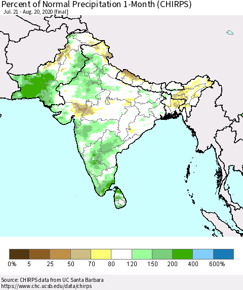 Southern Asia Percent of Normal Precipitation 1-Month (CHIRPS) Thematic Map For 7/21/2020 - 8/20/2020