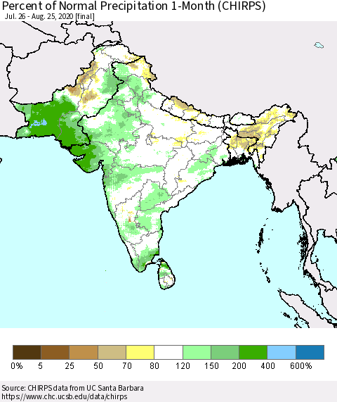 Southern Asia Percent of Normal Precipitation 1-Month (CHIRPS) Thematic Map For 7/26/2020 - 8/25/2020