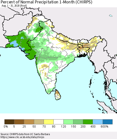 Southern Asia Percent of Normal Precipitation 1-Month (CHIRPS) Thematic Map For 8/1/2020 - 8/31/2020