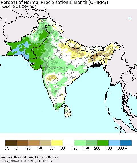 Southern Asia Percent of Normal Precipitation 1-Month (CHIRPS) Thematic Map For 8/6/2020 - 9/5/2020