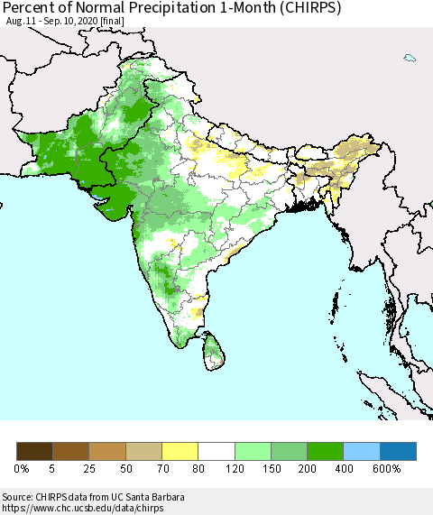 Southern Asia Percent of Normal Precipitation 1-Month (CHIRPS) Thematic Map For 8/11/2020 - 9/10/2020