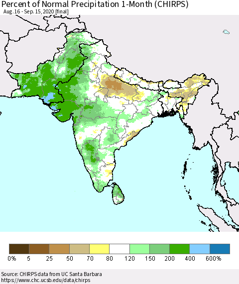 Southern Asia Percent of Normal Precipitation 1-Month (CHIRPS) Thematic Map For 8/16/2020 - 9/15/2020