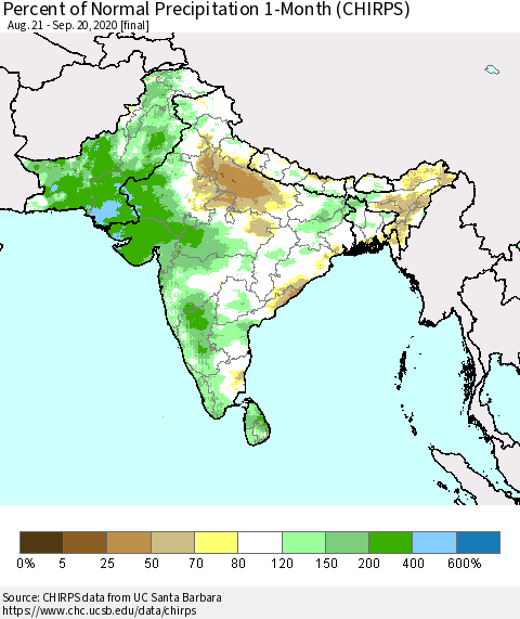Southern Asia Percent of Normal Precipitation 1-Month (CHIRPS) Thematic Map For 8/21/2020 - 9/20/2020