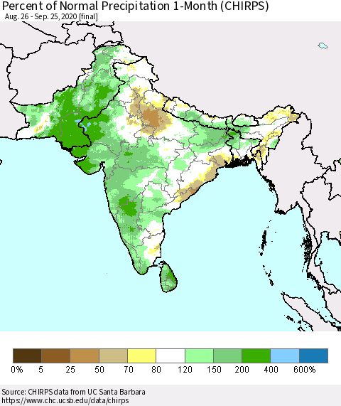 Southern Asia Percent of Normal Precipitation 1-Month (CHIRPS) Thematic Map For 8/26/2020 - 9/25/2020