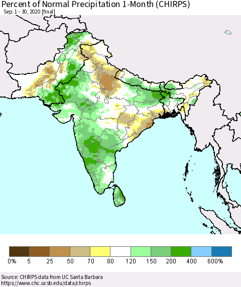 Southern Asia Percent of Normal Precipitation 1-Month (CHIRPS) Thematic Map For 9/1/2020 - 9/30/2020
