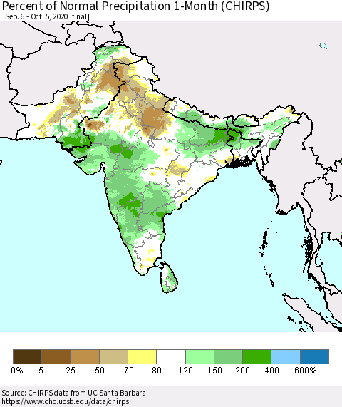 Southern Asia Percent of Normal Precipitation 1-Month (CHIRPS) Thematic Map For 9/6/2020 - 10/5/2020