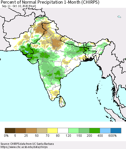 Southern Asia Percent of Normal Precipitation 1-Month (CHIRPS) Thematic Map For 9/11/2020 - 10/10/2020