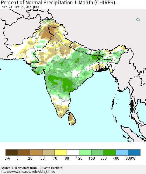 Southern Asia Percent of Normal Precipitation 1-Month (CHIRPS) Thematic Map For 9/21/2020 - 10/20/2020
