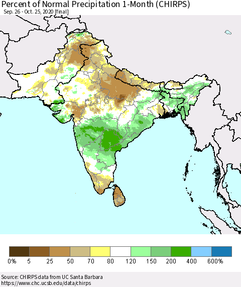 Southern Asia Percent of Normal Precipitation 1-Month (CHIRPS) Thematic Map For 9/26/2020 - 10/25/2020