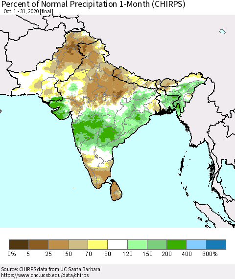 Southern Asia Percent of Normal Precipitation 1-Month (CHIRPS) Thematic Map For 10/1/2020 - 10/31/2020