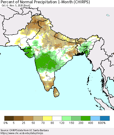 Southern Asia Percent of Normal Precipitation 1-Month (CHIRPS) Thematic Map For 10/6/2020 - 11/5/2020