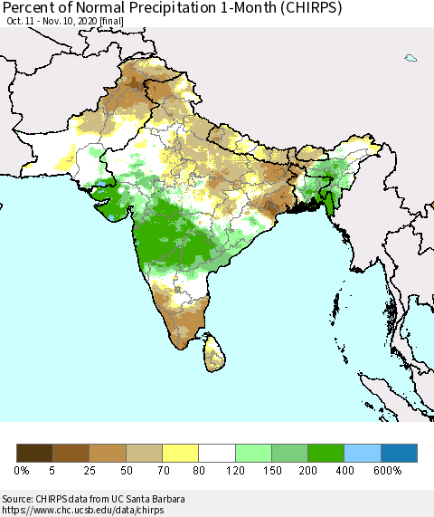 Southern Asia Percent of Normal Precipitation 1-Month (CHIRPS) Thematic Map For 10/11/2020 - 11/10/2020