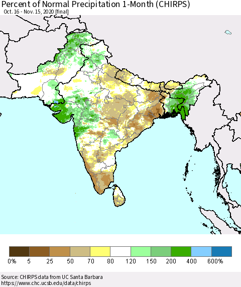 Southern Asia Percent of Normal Precipitation 1-Month (CHIRPS) Thematic Map For 10/16/2020 - 11/15/2020
