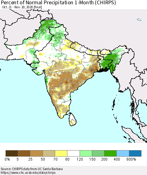 Southern Asia Percent of Normal Precipitation 1-Month (CHIRPS) Thematic Map For 10/21/2020 - 11/20/2020