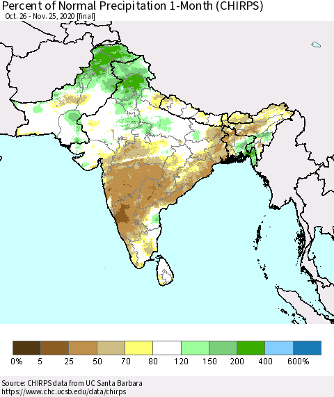Southern Asia Percent of Normal Precipitation 1-Month (CHIRPS) Thematic Map For 10/26/2020 - 11/25/2020