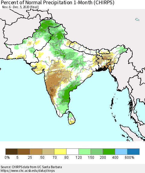 Southern Asia Percent of Normal Precipitation 1-Month (CHIRPS) Thematic Map For 11/6/2020 - 12/5/2020
