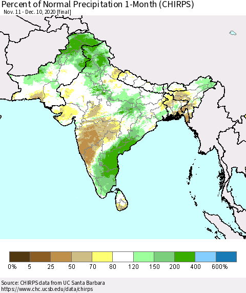 Southern Asia Percent of Normal Precipitation 1-Month (CHIRPS) Thematic Map For 11/11/2020 - 12/10/2020