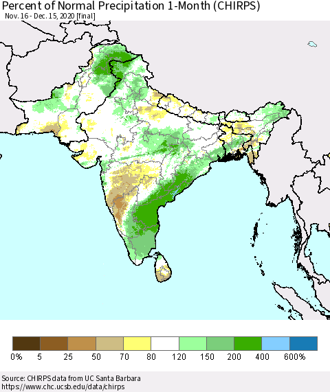 Southern Asia Percent of Normal Precipitation 1-Month (CHIRPS) Thematic Map For 11/16/2020 - 12/15/2020